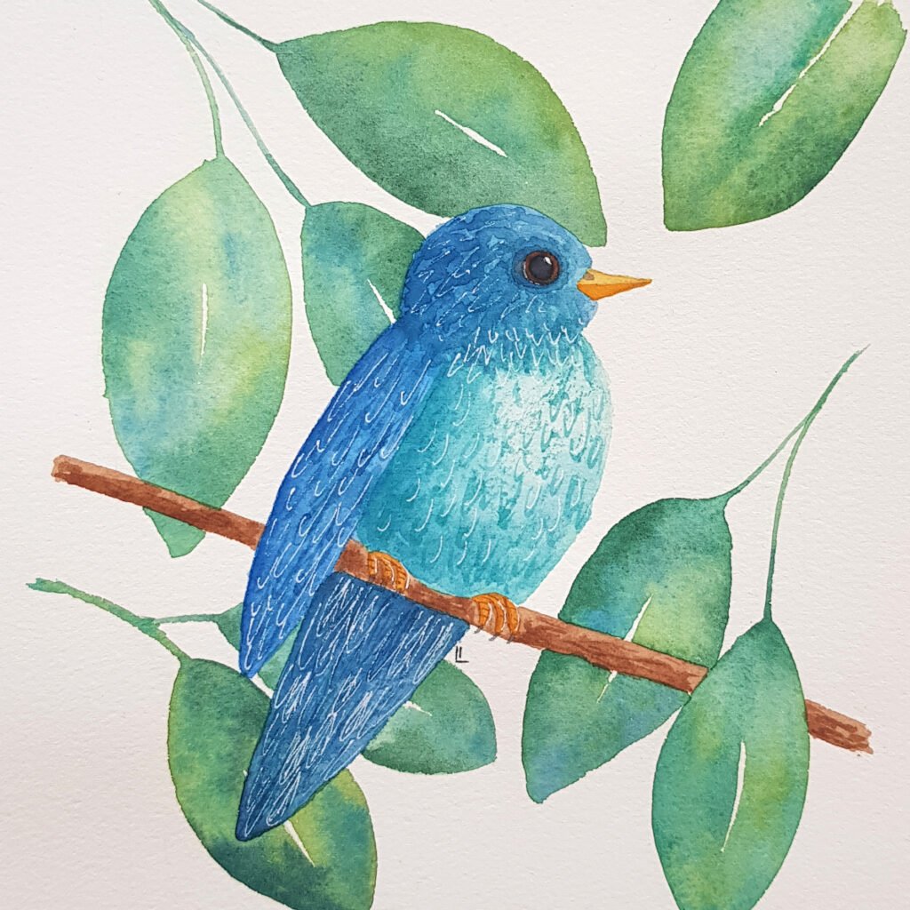 Little blue watercolor bird with leaves illustration