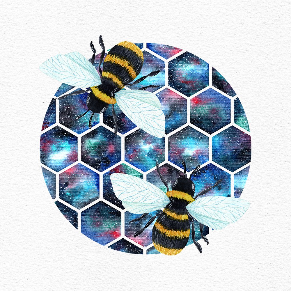 Watercolor cosmic honeycomb and bees illustration