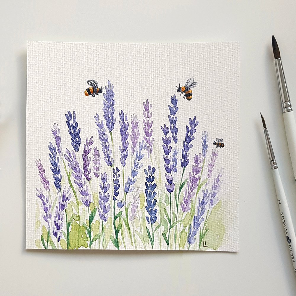 Watercolor lavenders and bees illustration