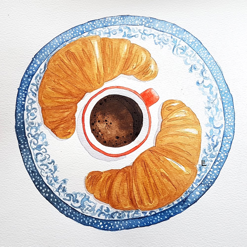 Watercolor croissants and coffee illustration