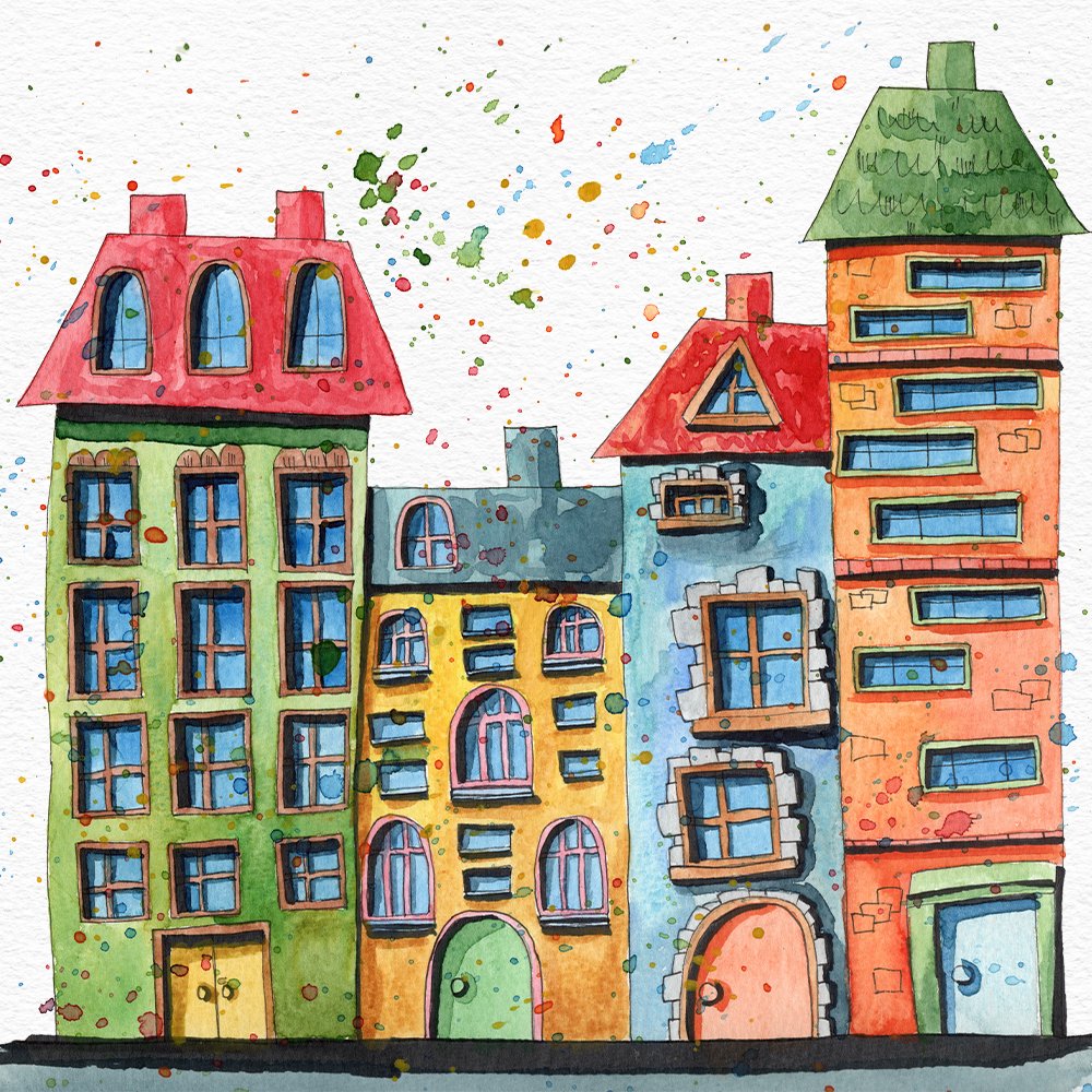 Watercolor colorful houses illustration