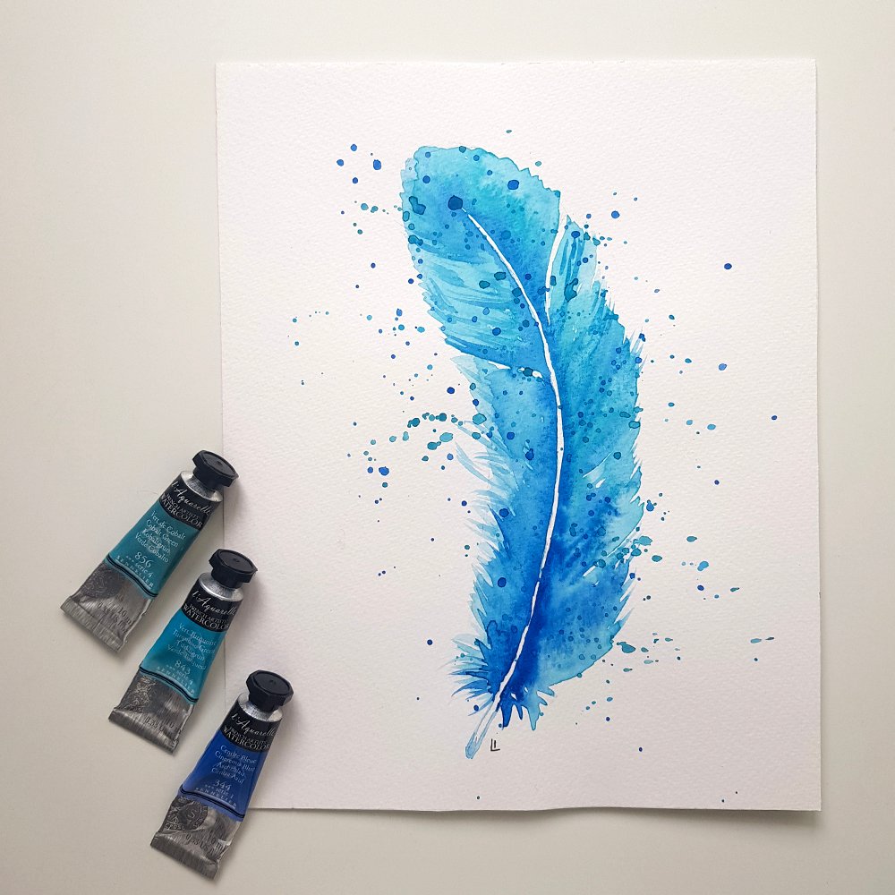 Watercolor blue feather illustration