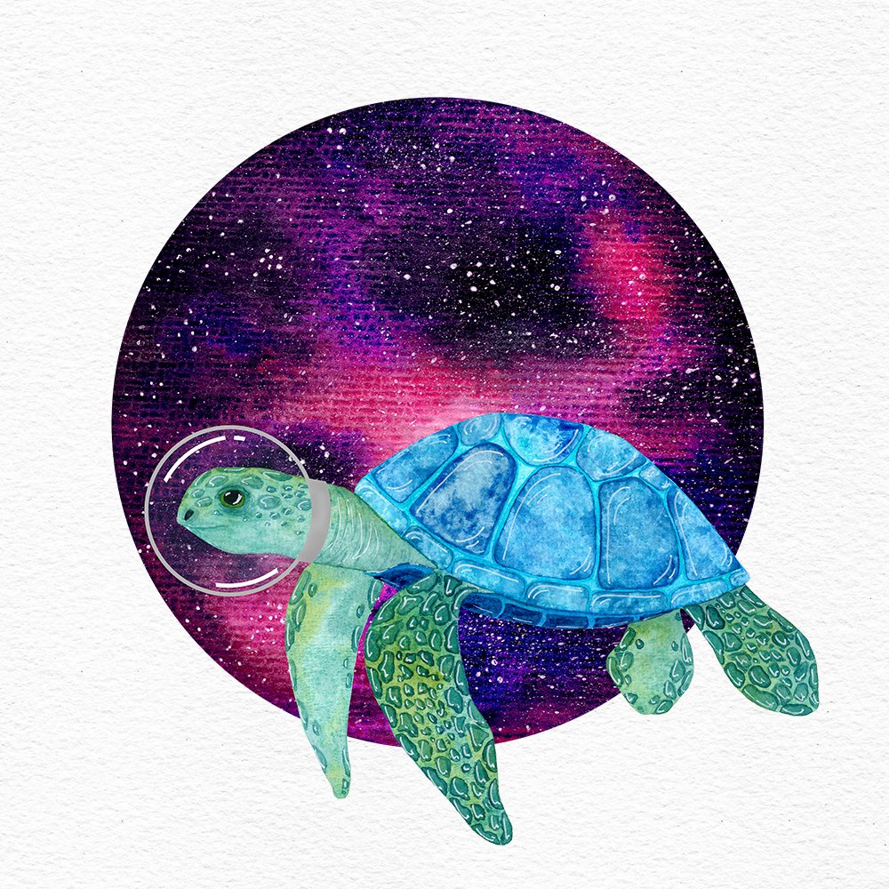 Watercolor astronaut turtle and his planet illustration
