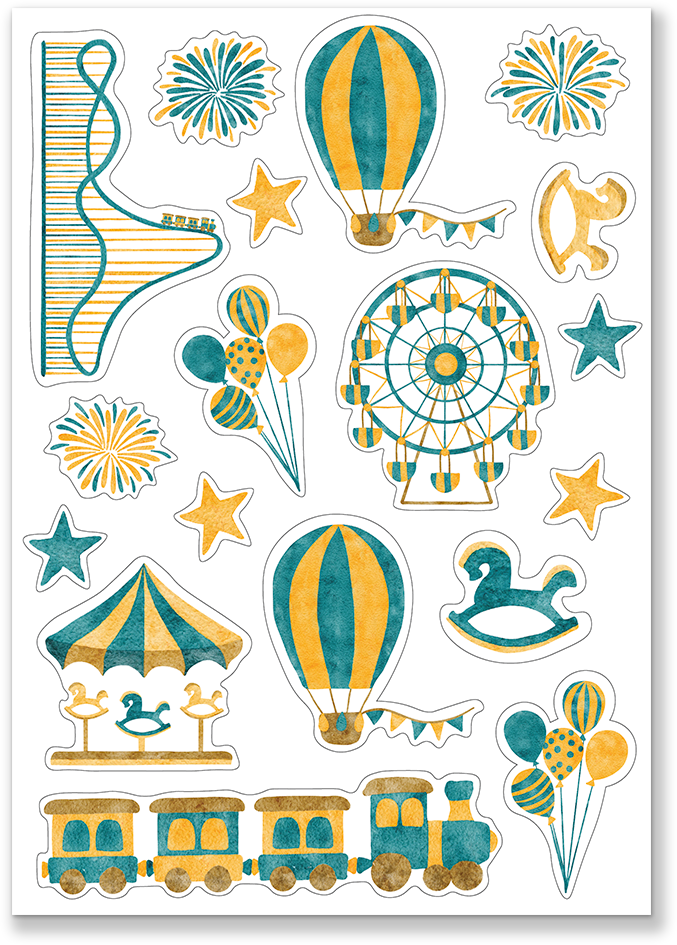 Sticker sheet with watercolor illustrations of Amusement Park elements