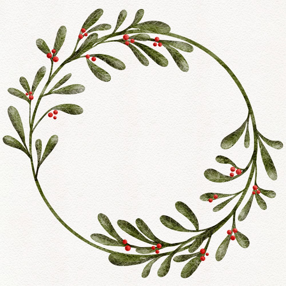 Watercolor Christmas green leaves wreath with red berries illustration