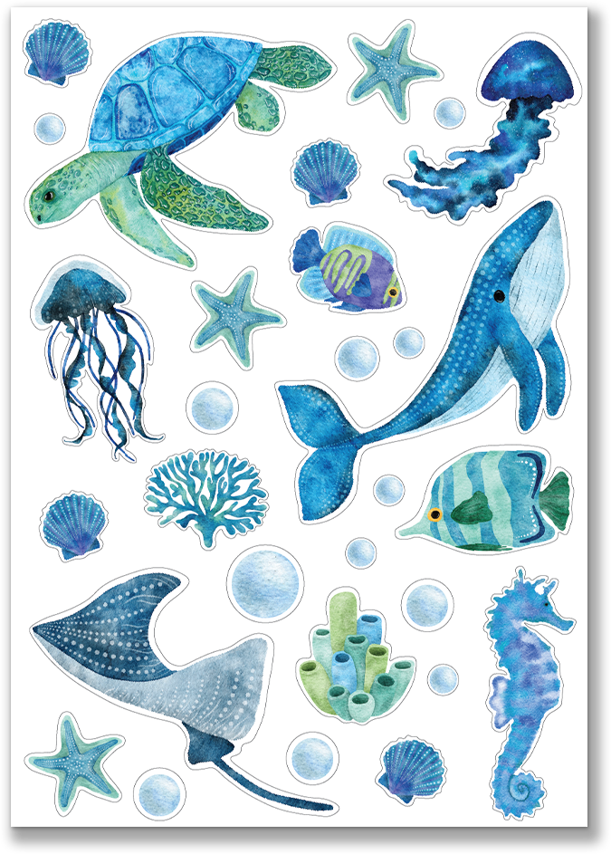 Watercolor ocean animals sticker sheet