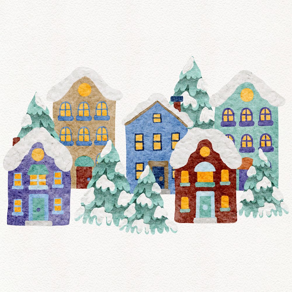 Watercolor winter town illustration