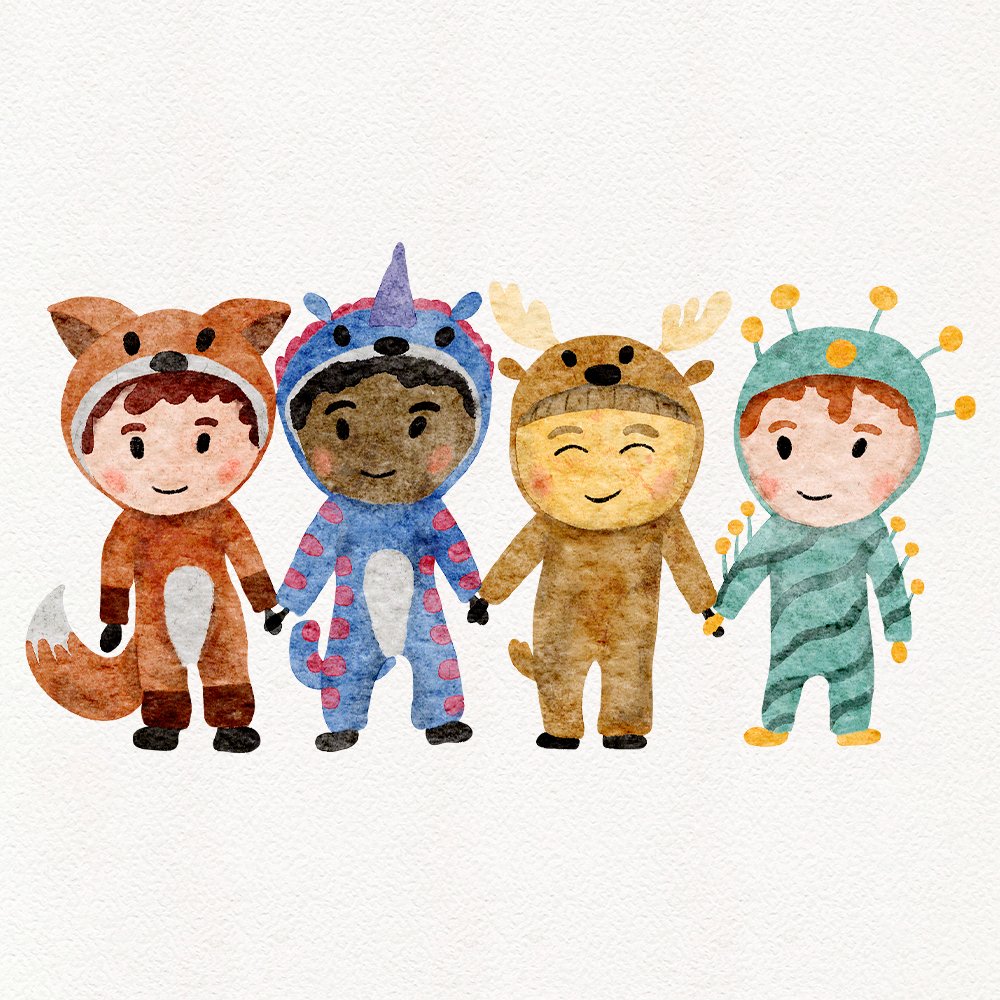Watercolor kids with costumes illustration