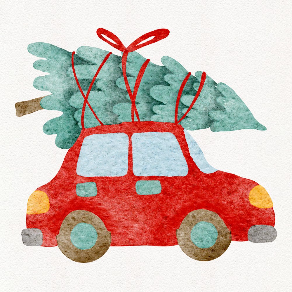 Watercolor red car with tree illustration