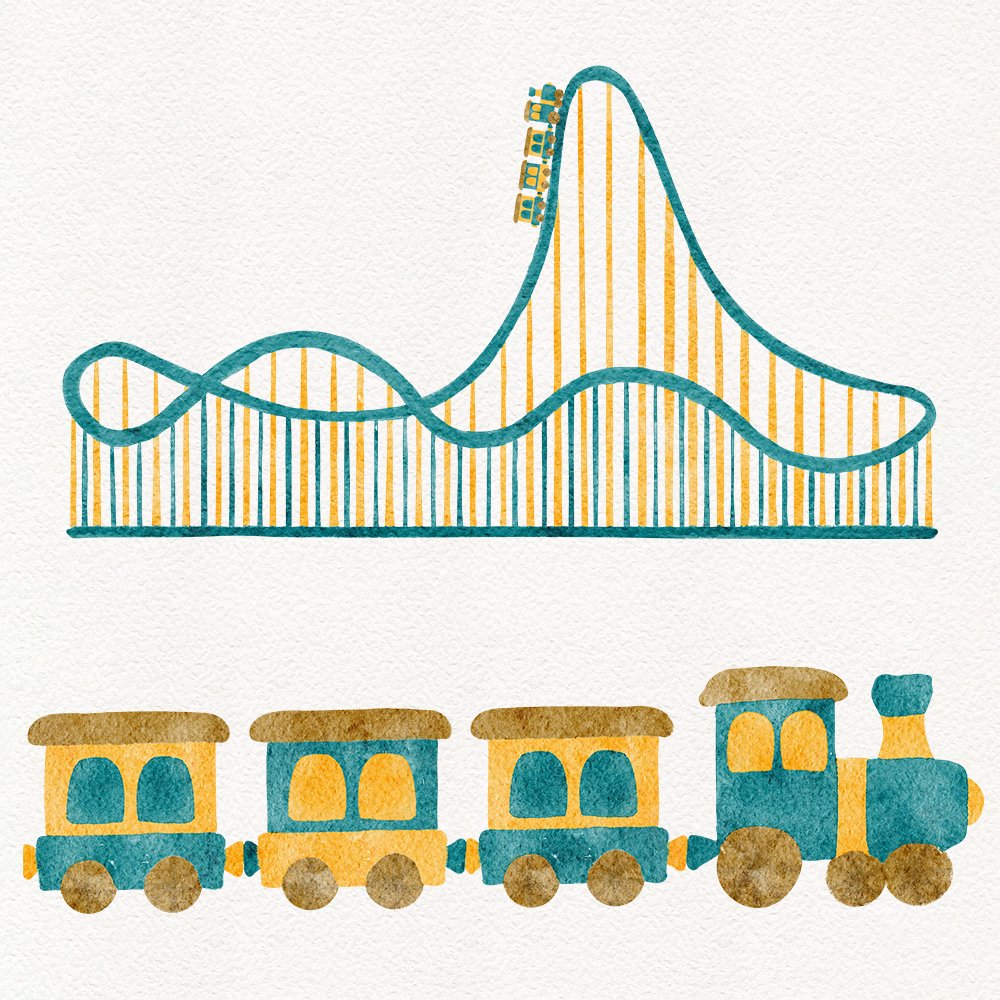 Watercolor illustration of roller coaster and train